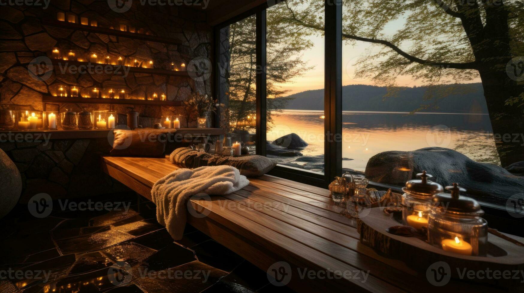 främre se av tömma finska bastu rum. modern interiör av trä- spa stuga med torr ånga. foto