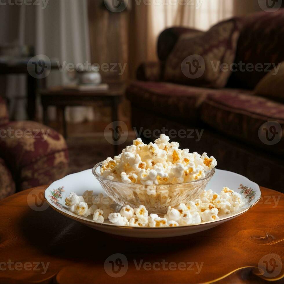 popcorn i en skål på de tabell. generativ ai foto