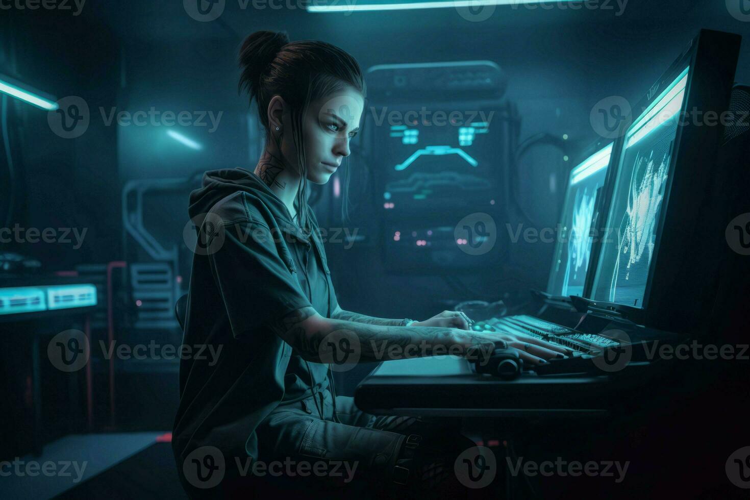 kvinna hacker kvinna. generera ai foto