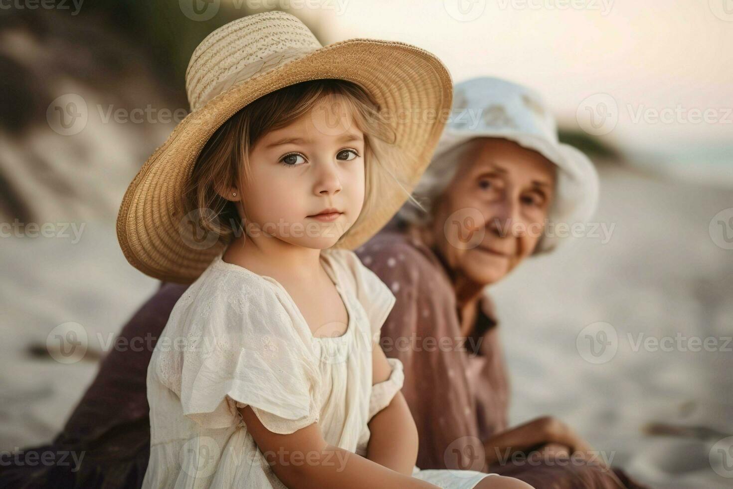 flicka mormor på strand. generera ai foto