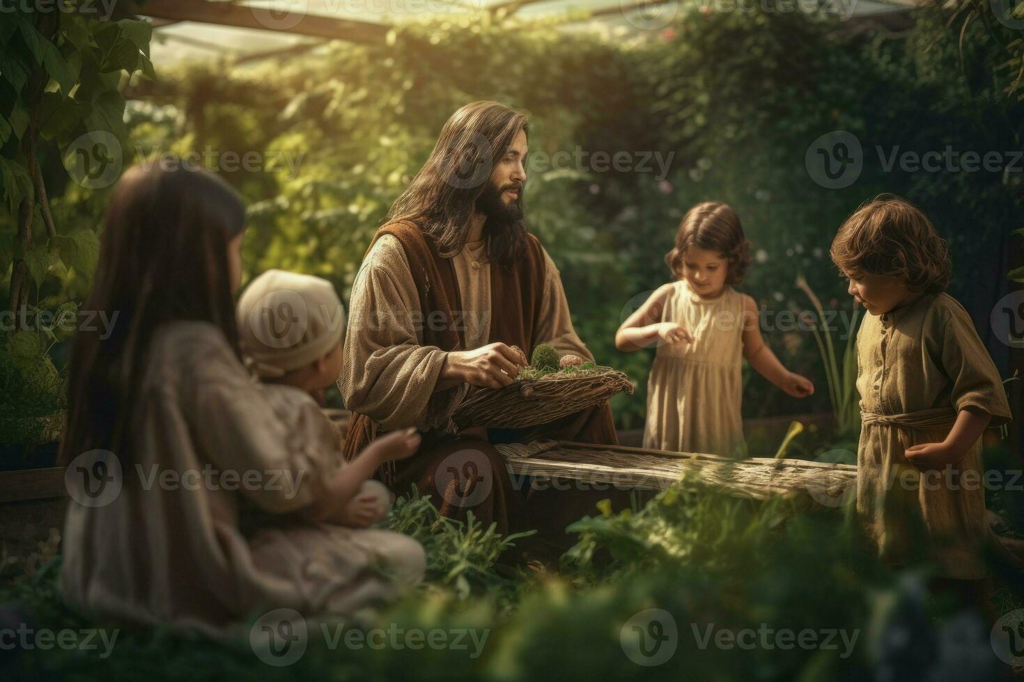 Jesus christ trädgård barn. generera ai foto