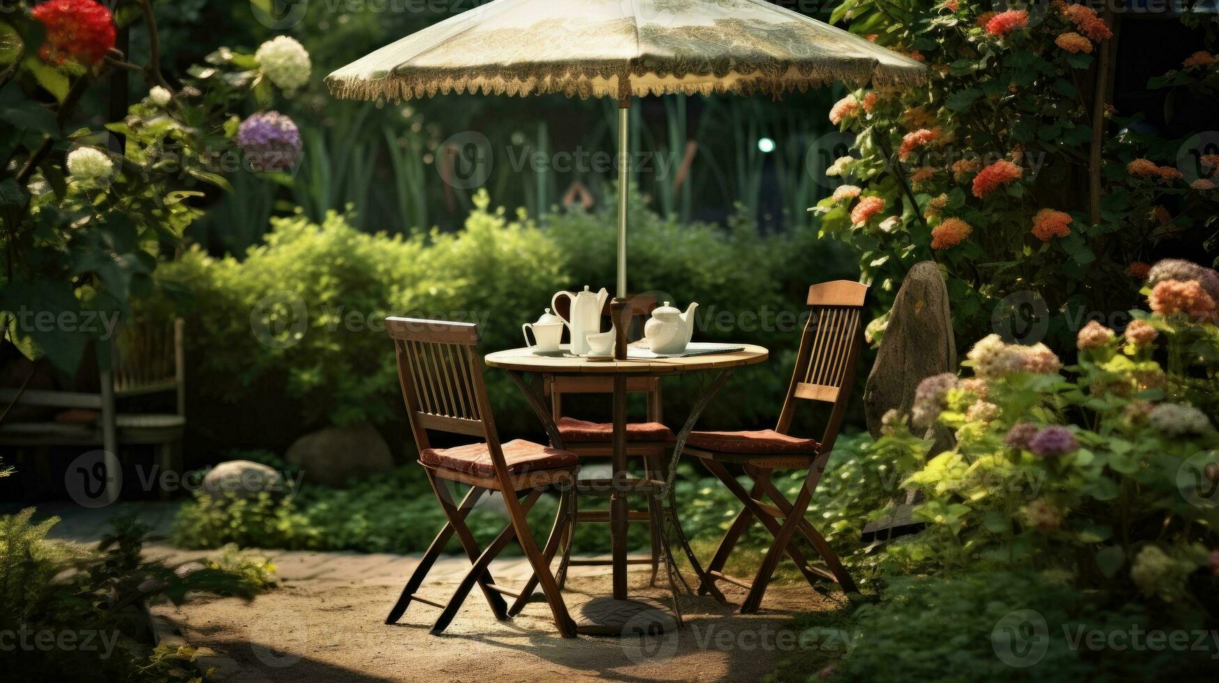 Kafé tabell med stol och parasoll paraply i de trädgård foto