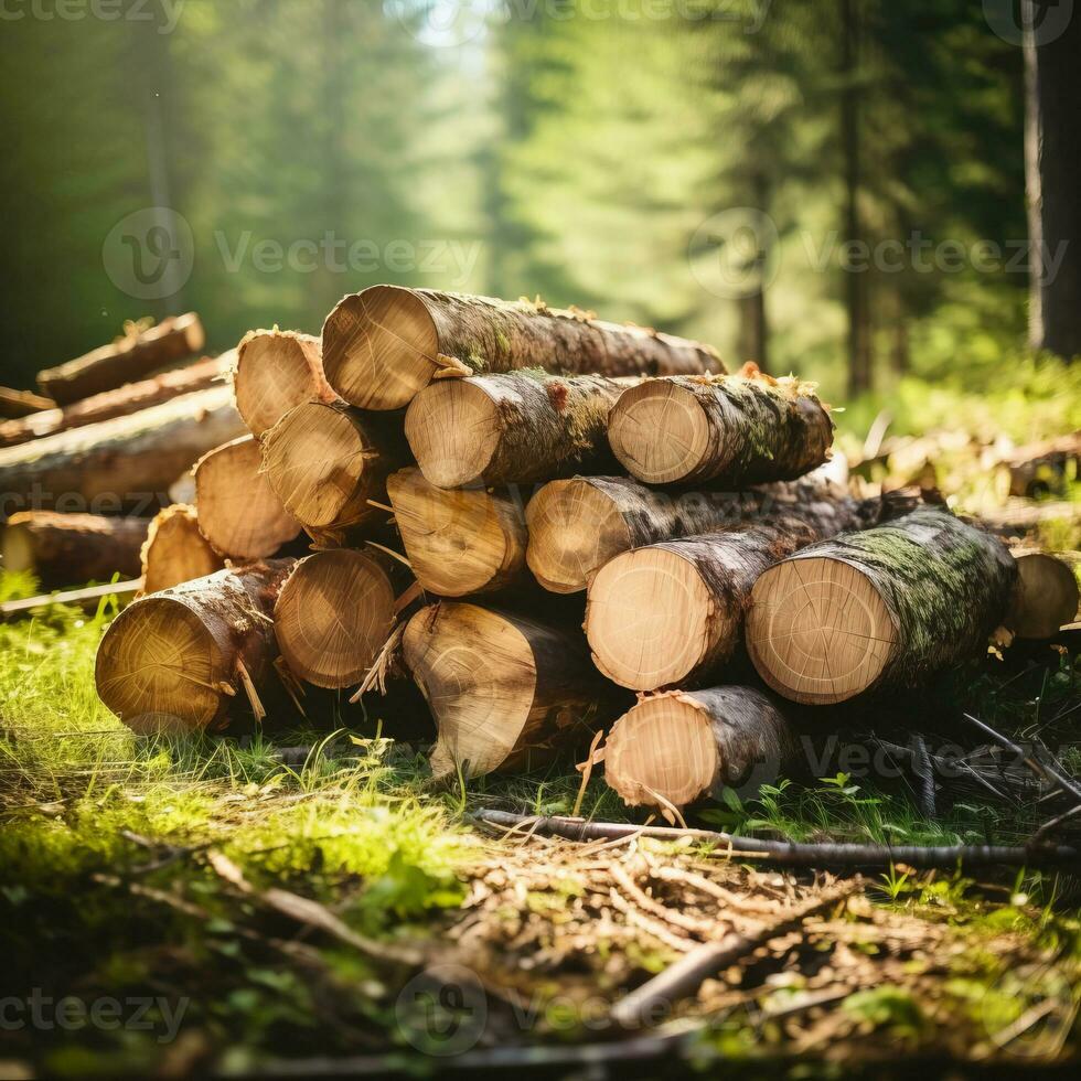 närbild fällda och sågad träd trunkar staplade på de utkant av de skog. foto