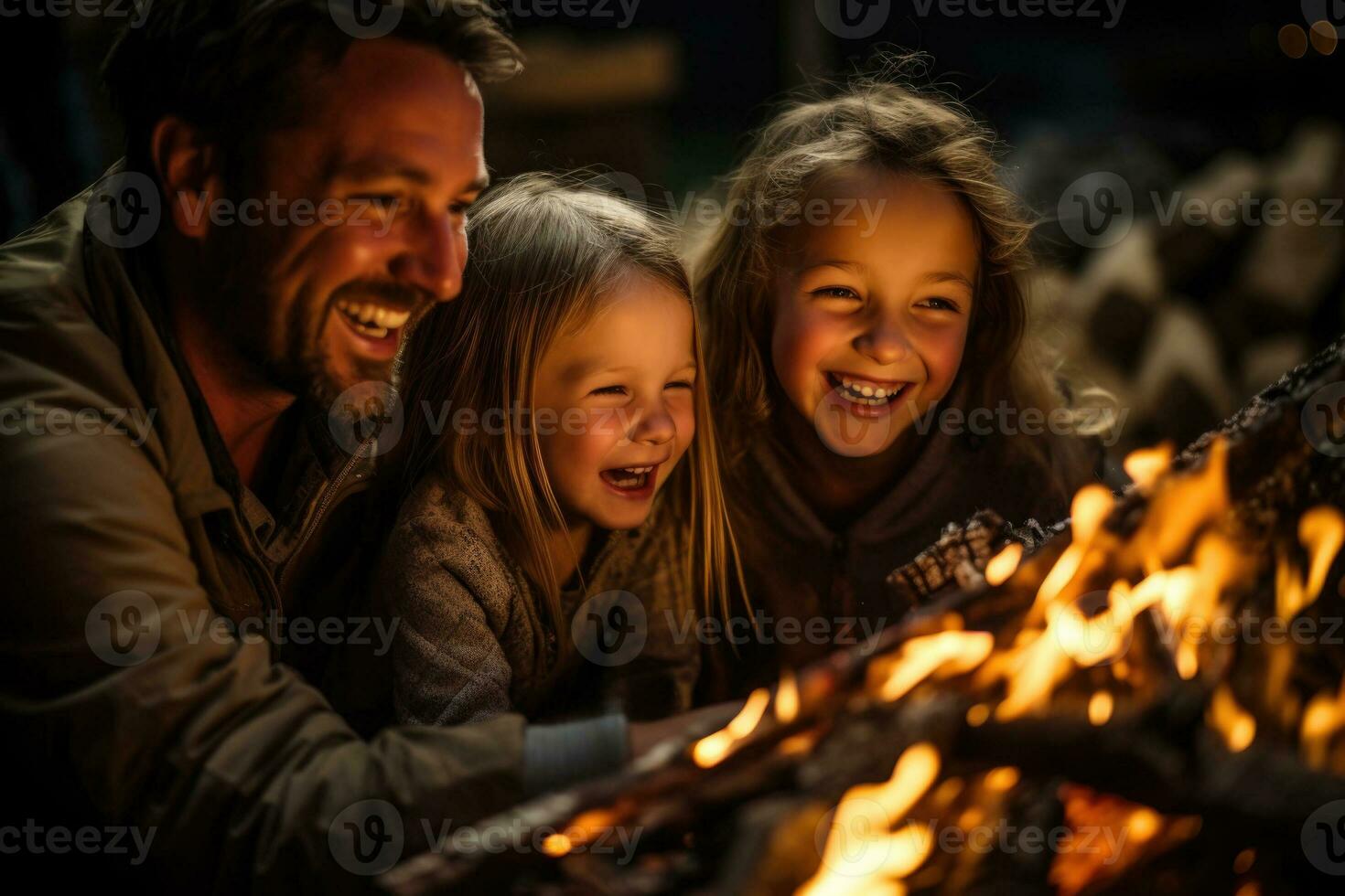 familjer samla runt om en bål fyllning de knaprig luft med skratt och de arom av rostad marshmallows under höst dagjämning fester foto