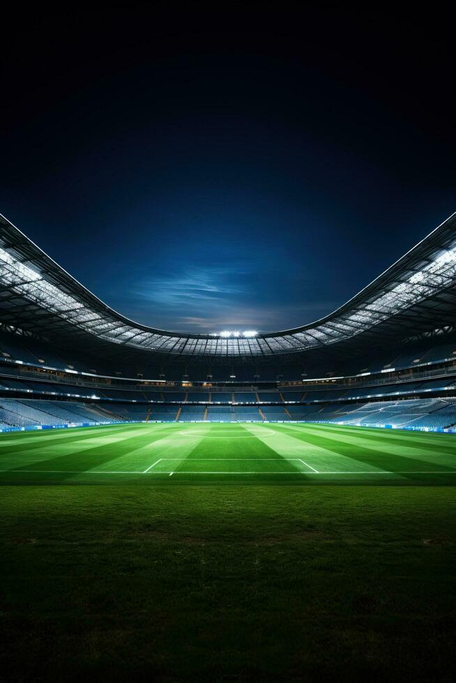 en stadion fylld med upphetsad fläktar en fotboll fält i de förgrund bakgrund med tömma Plats för text foto