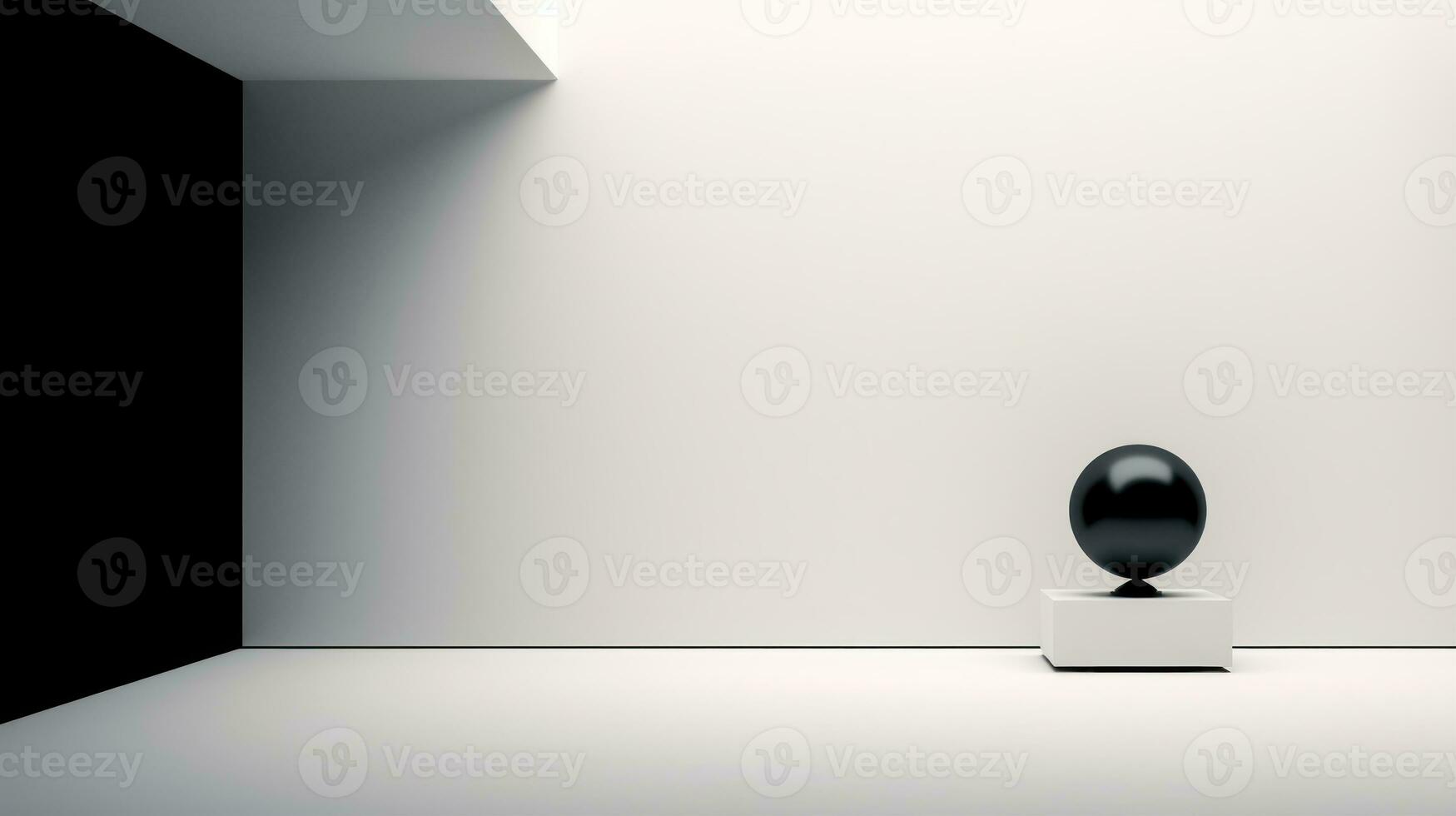 abstrakt och geometrisk begrepp av kontrast och balans svart sfär på vit piedestal i minimalistisk ai genererad foto
