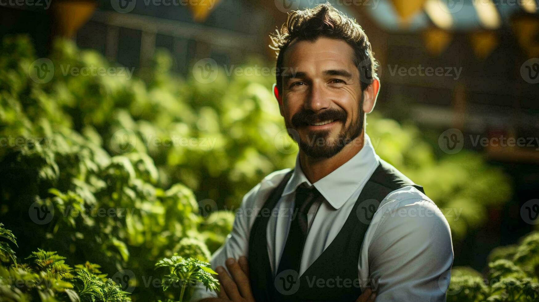 stilig manlig jordbrukare i växthus med grön växter och grönsaker foto