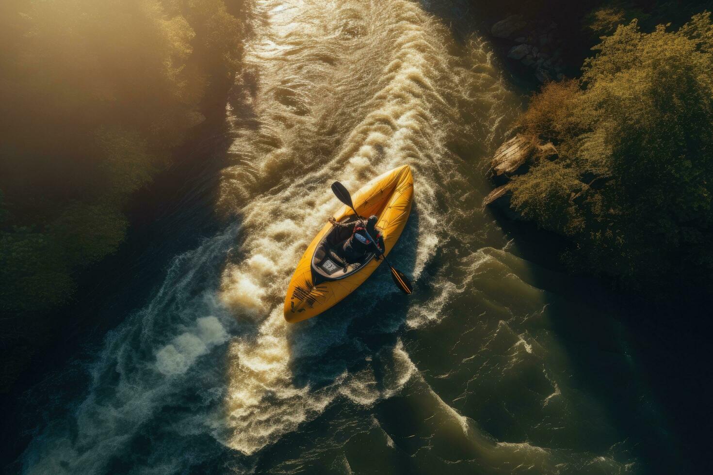 antenn se av en man Kajakpaddling på de berg flod. antenn topp se extrem sport kajak segel berg flod med Sol ljus, ai genererad foto