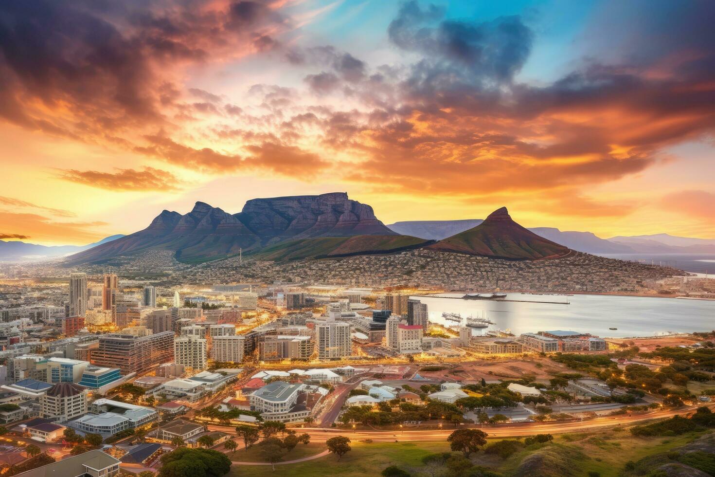 solnedgång över tabell berg och stadens centrum cape stad, söder afrika. antenn panorama- se av cape stad stadsbild på solnedgång, ai genererad foto