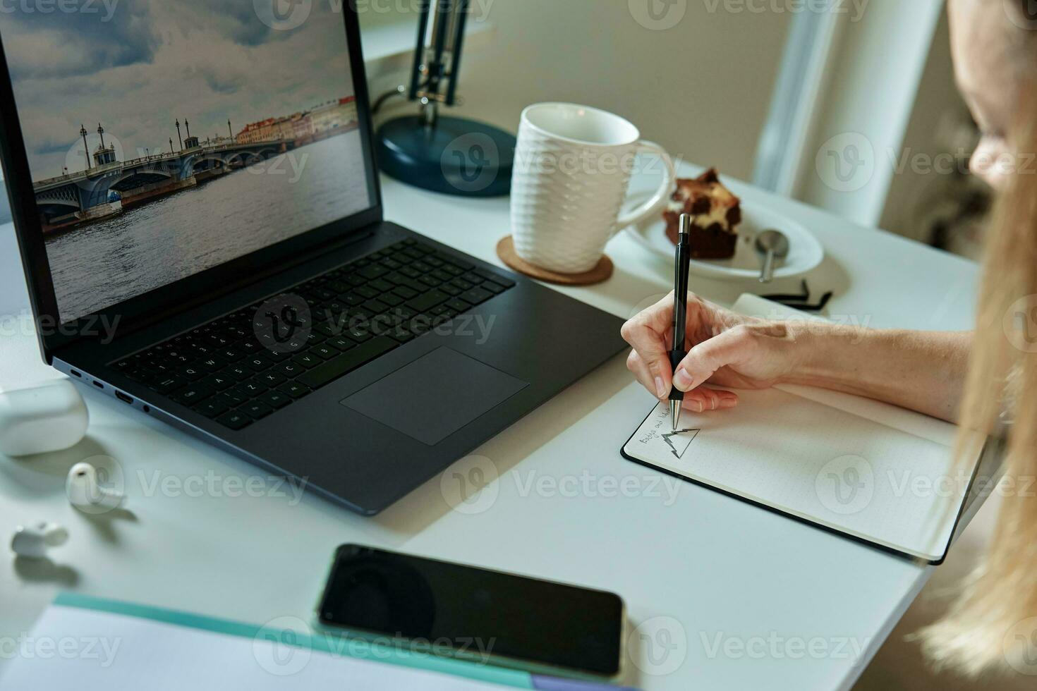 kvinna arbetssätt på Hem kontor, använda sig av bärbar dator foto