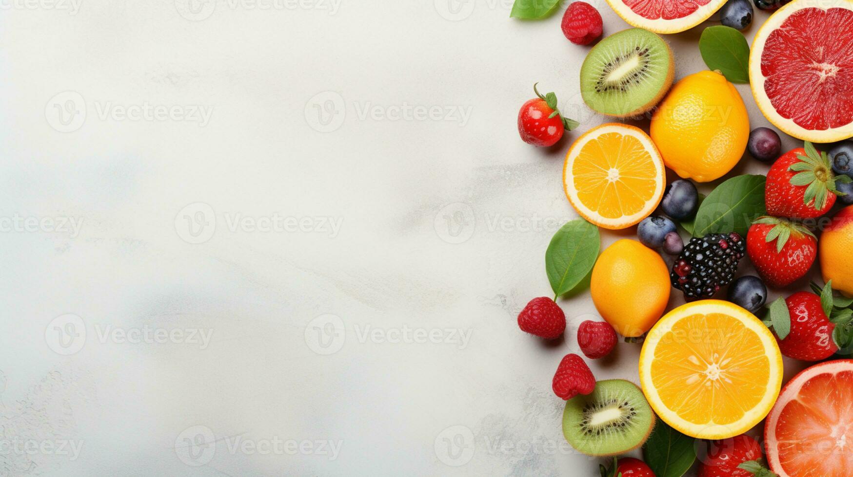 färsk organisk frukt rada upp isolerat på bakgrund, kopia Plats, ai generativ foto