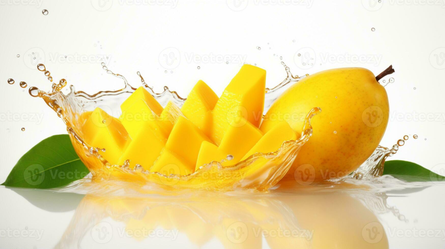 färsk saftig mango med vatten stänk isolerat på bakgrund, friska tropisk frukt, ai generativ foto