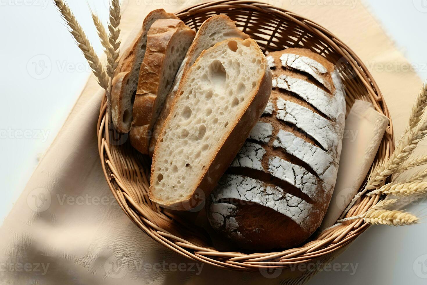 topp se av en korg med bröd på de vit tabell foto