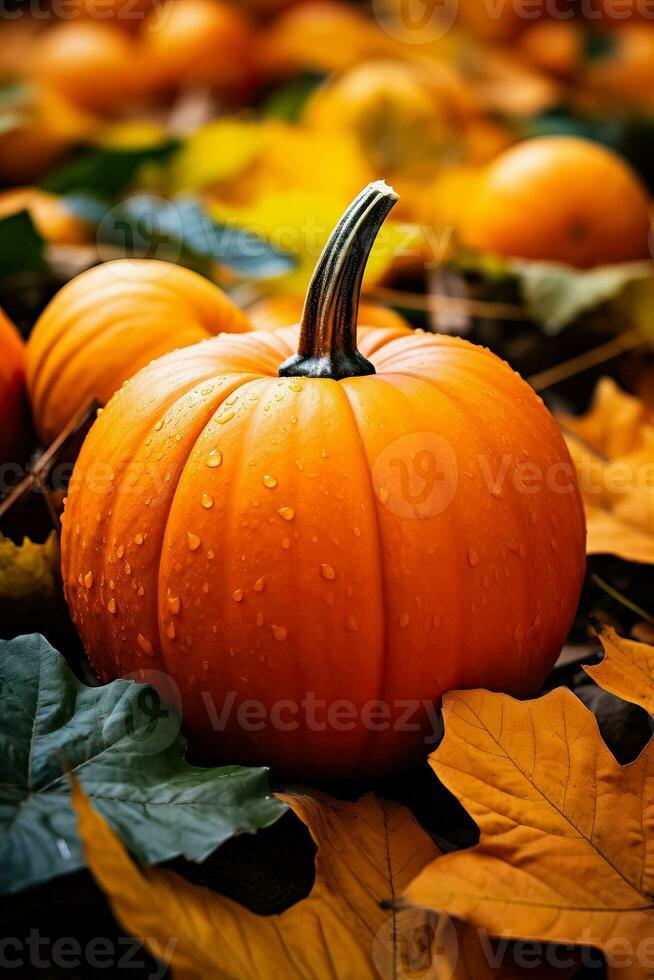 en närbild av en vibrerande orange pumpa omgiven förbi färgrik fallen löv symboliserar de väsen av höst skörda foto