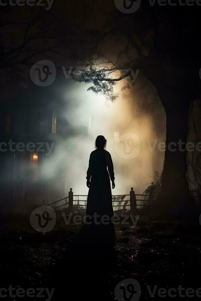 en mystisk silhuett av en besatt hus Engulfed i ett kusligt dimma väntar modig själar på spöke turer foto