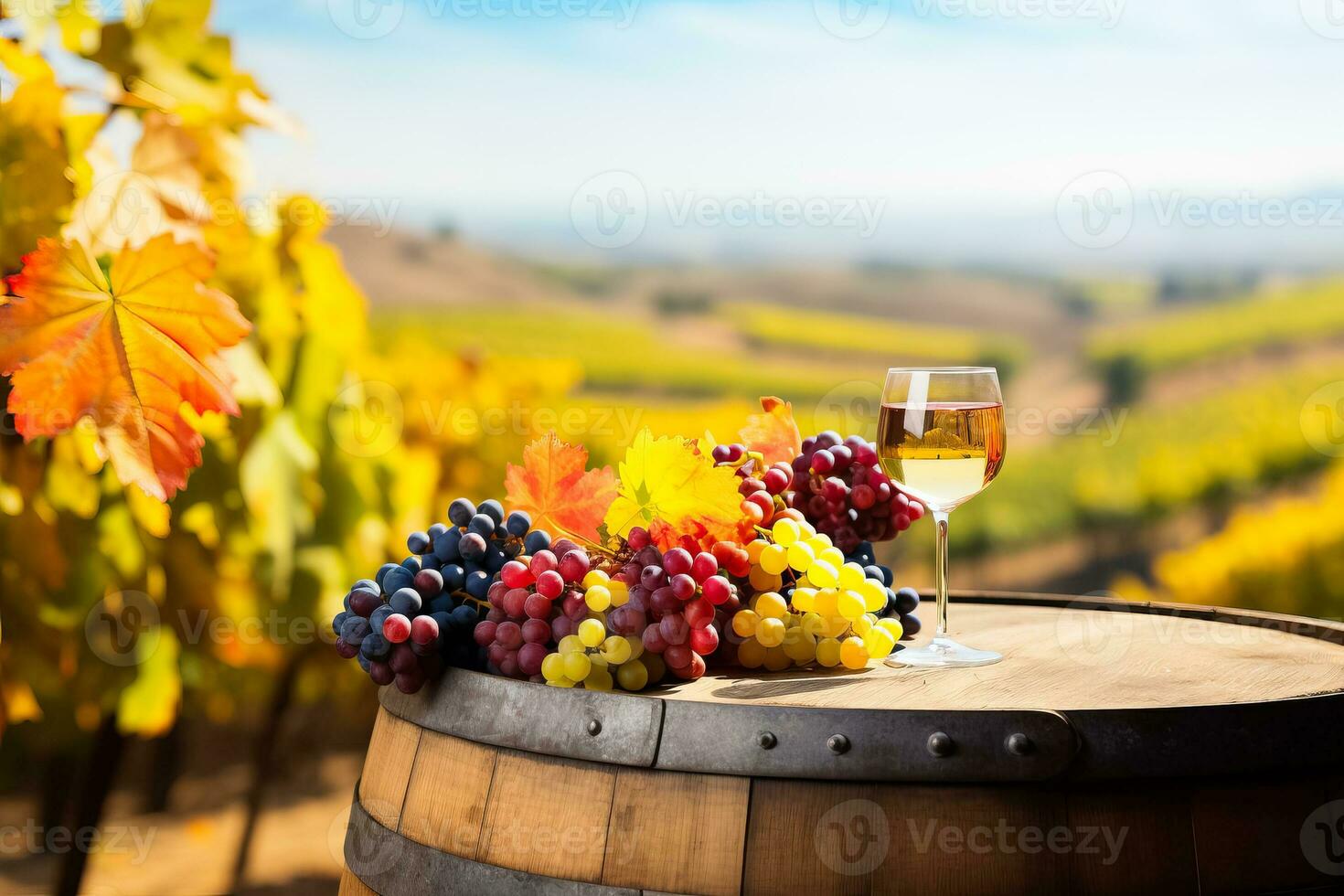 en pittoresk vingård med färgrik höst lövverk en vin tunna och en klar blå himmel bakgrund med tömma Plats för text foto