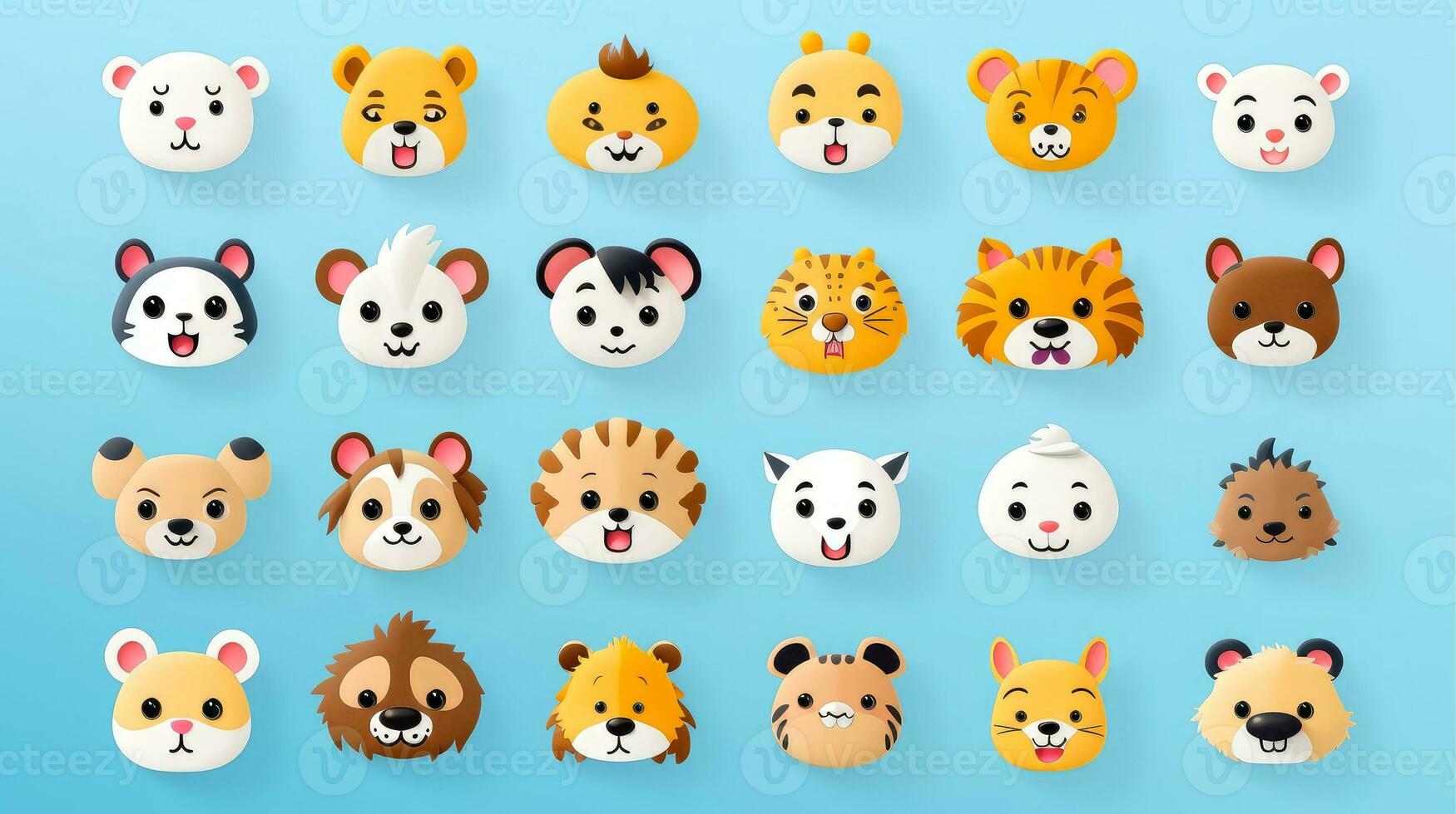 uppsättning av djur- ansikten, ansikte emojis, klistermärken, uttryckssymboler, tecknad film rolig maskot tecken ansikte uppsättning, generativ ai illustration foto