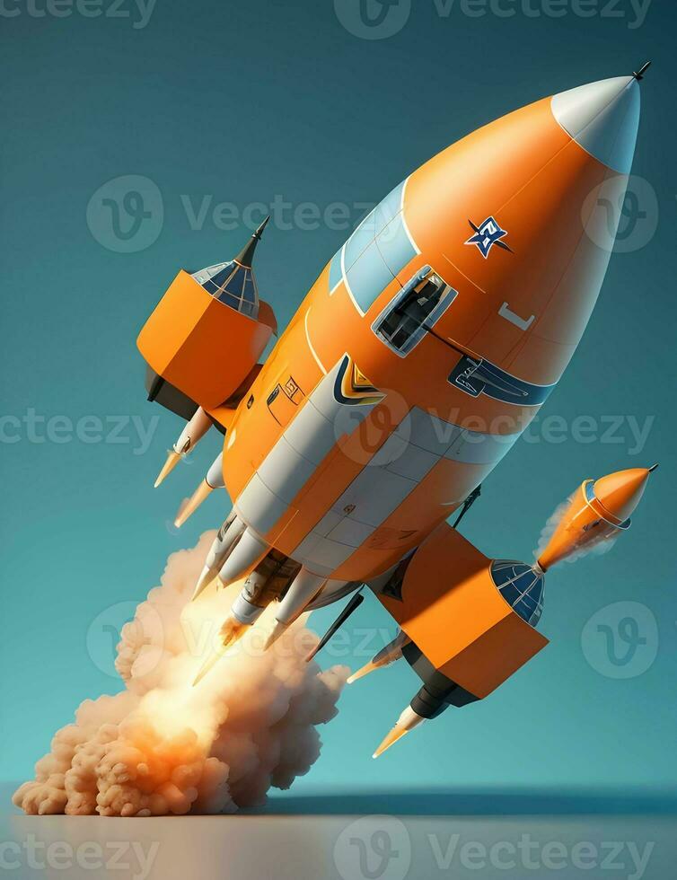 3d tecknad stil minimal rymdskepp raket icon.leksak raket uppgång rök börja Plats företag och bitcoins annonsera foto