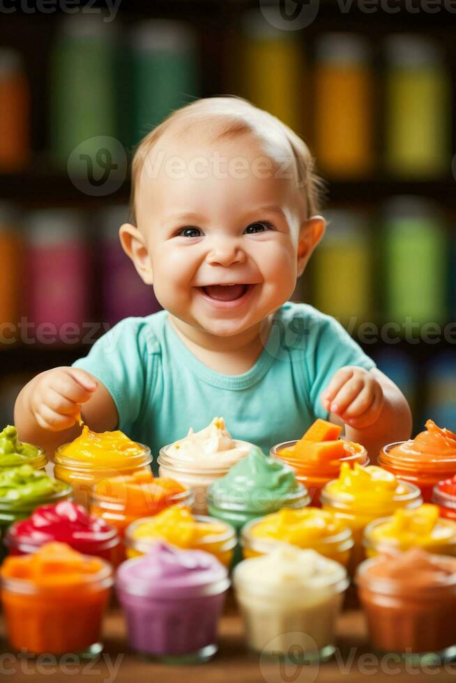 en närbild Foto av en Lycklig bebis påfrestande en mängd av färgrik och näringsrik vegan och vegetarian puréer