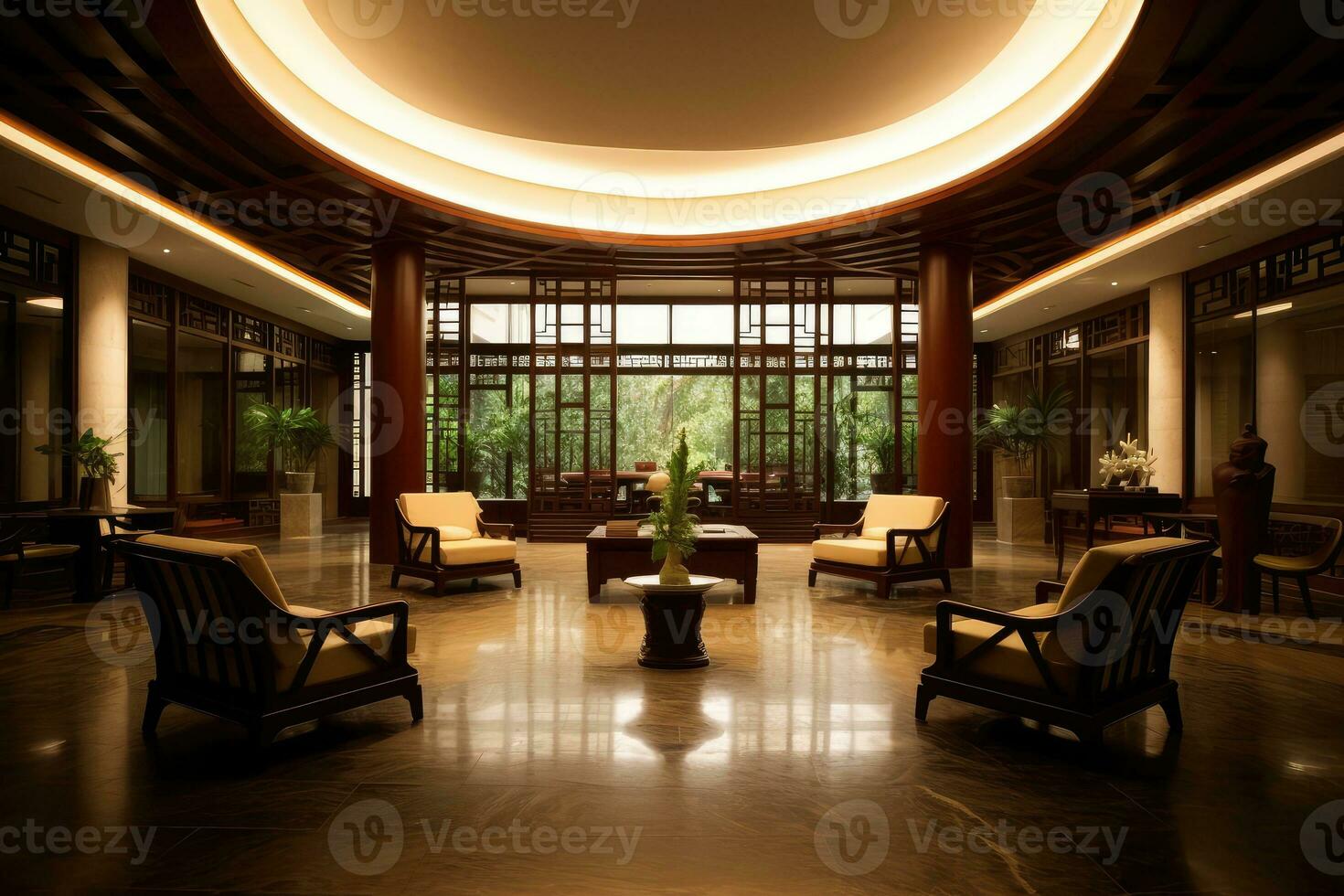 hotell lobby med kinesisk stil möbel profesional fotograpi ai genererad foto