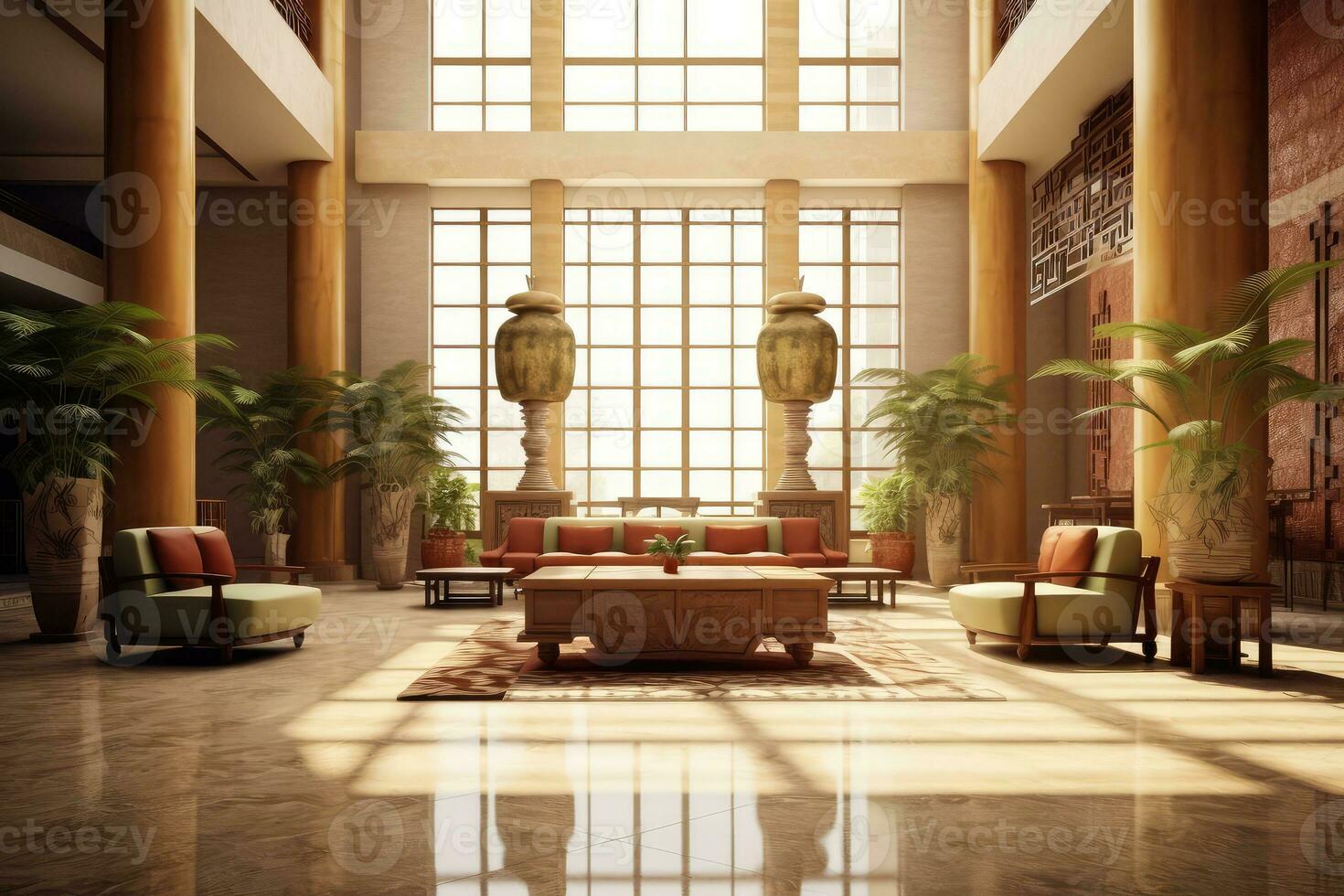 hotell lobby med kinesisk stil möbel profesional fotograpi ai genererad foto