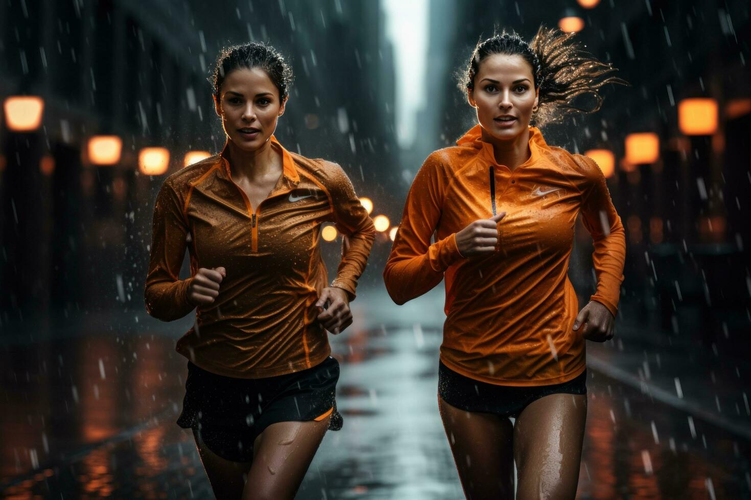 kvinna idrottare tar en snabbt jogga i de regn foto