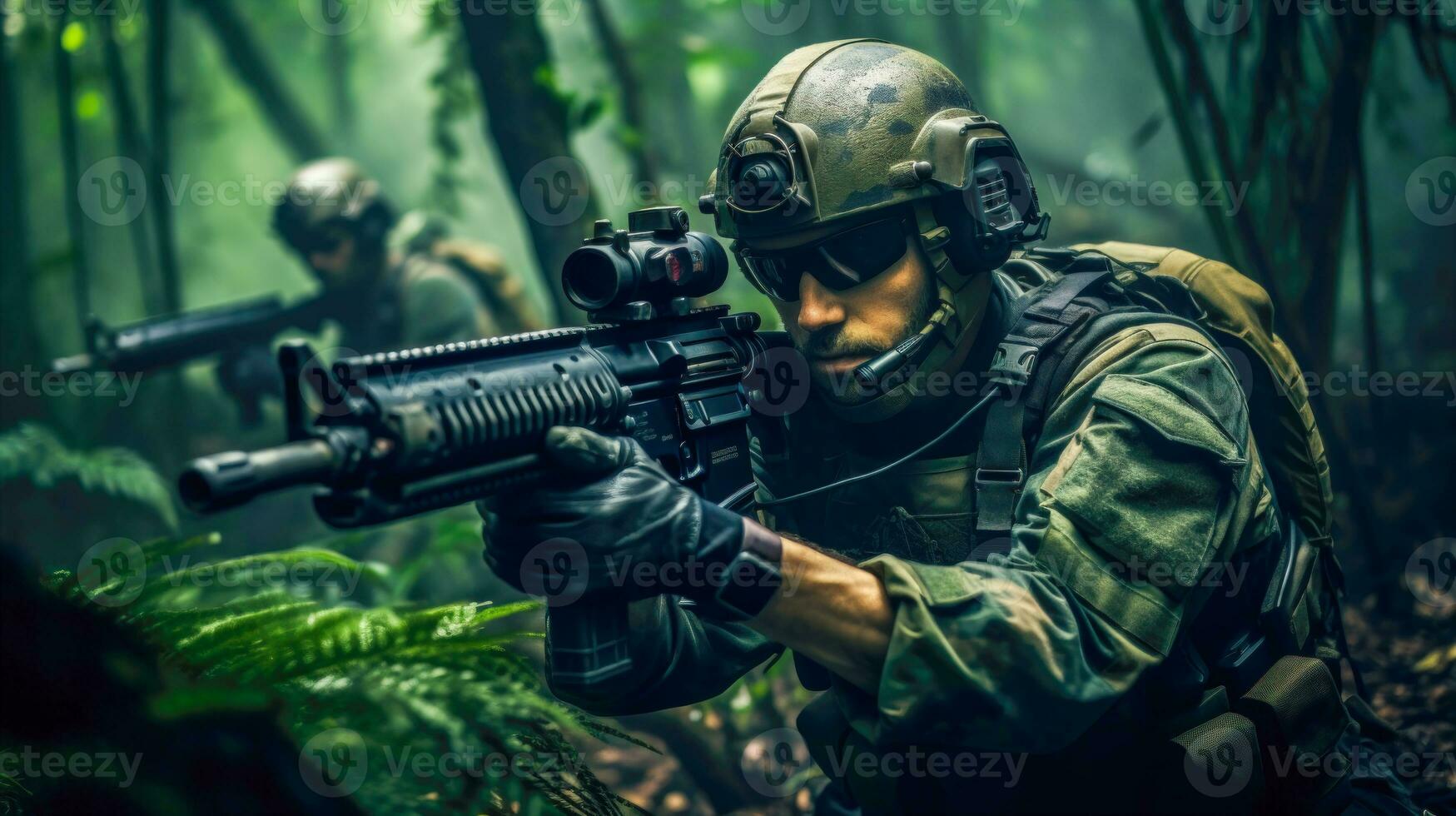 militär bekämpa i de djungel en grupp av väpnad soldater i verkan ai genererad foto