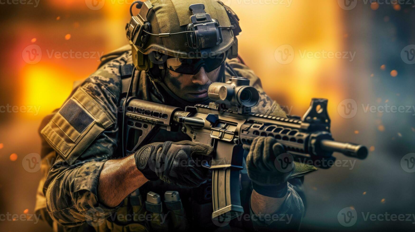 särskild krafter soldat i kamouflage redskap och gevär ai genererad foto