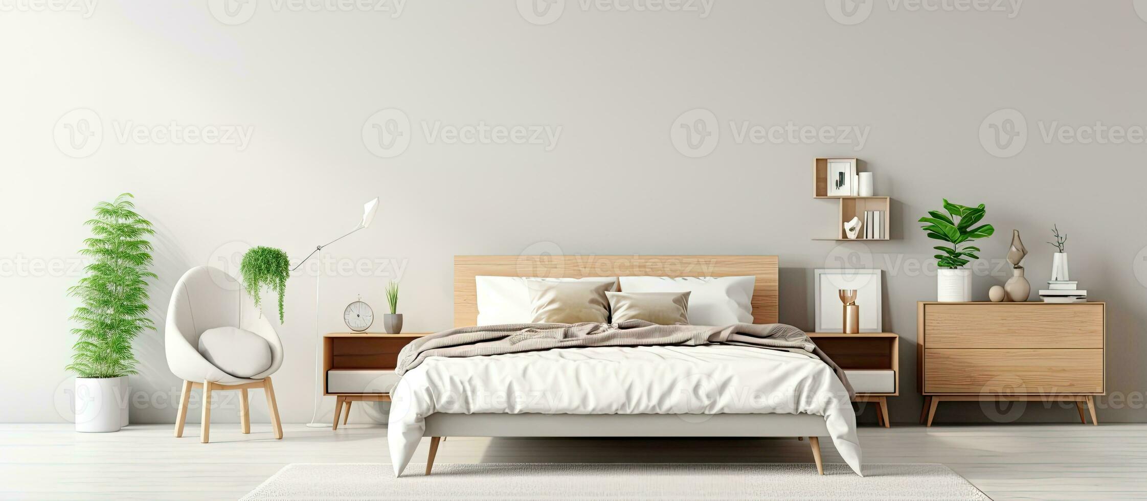 samtida sovrum i lugnande nyanser med säng och inredning foto
