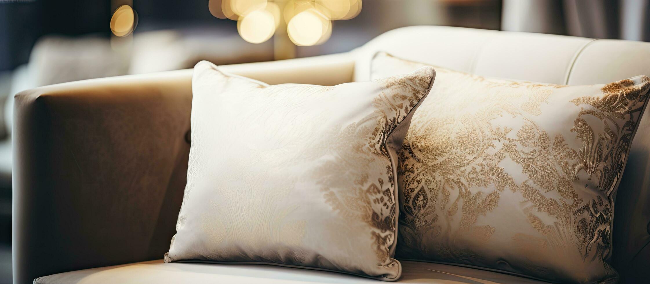 årgång ljus filtrera förstärker de estetisk av en lyxig kudde på en soffa i de levande rum interiör foto