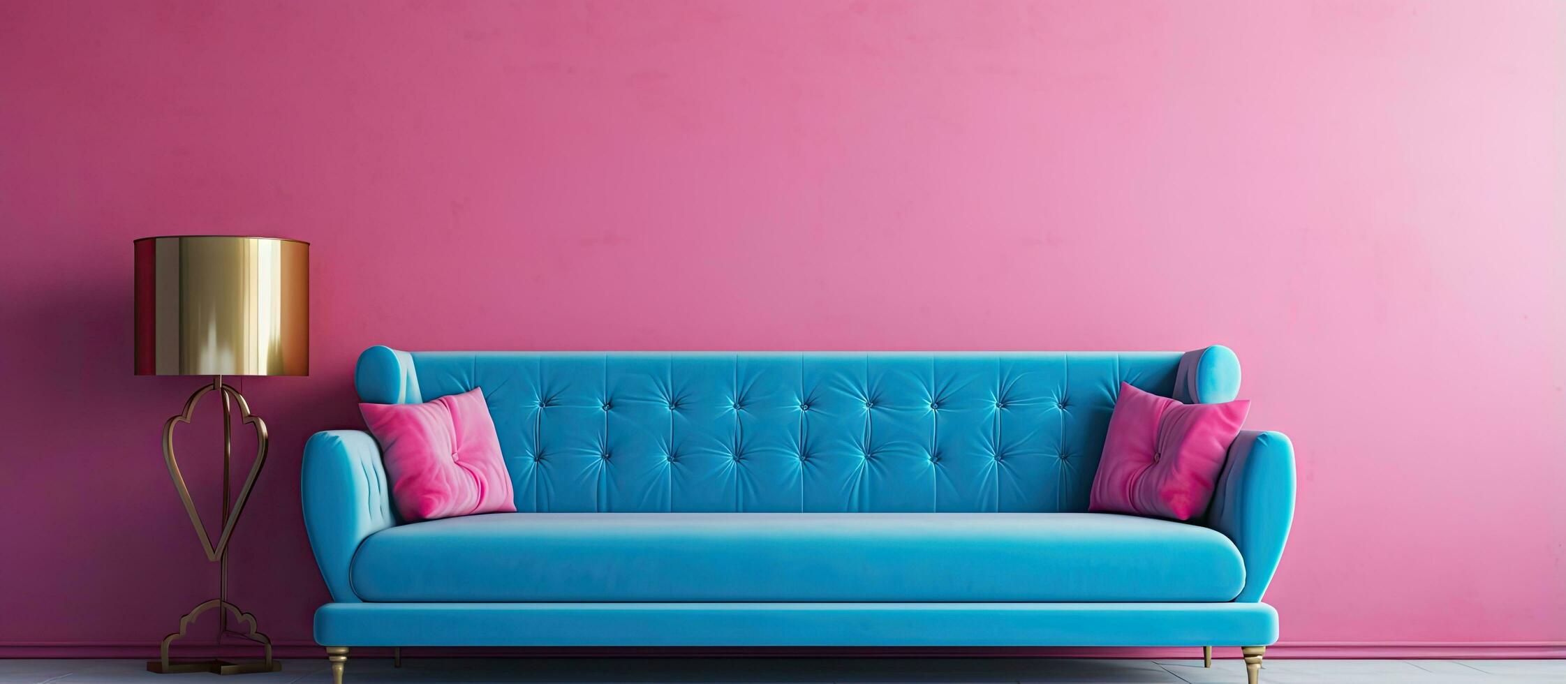 de levande rum har en rosa soffa med en blå kudde foto