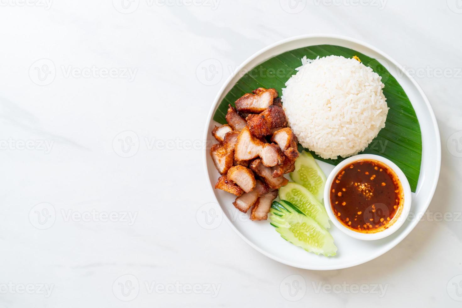 stekt magfläsk med ris med kryddig sås i asiatisk stil foto