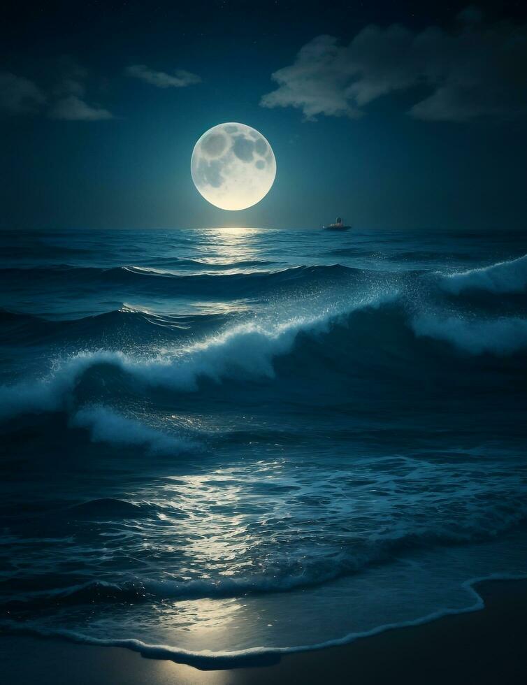 lugn natt marinmålning med gnistrande vattnen och reflekterande måne, ai generativ foto