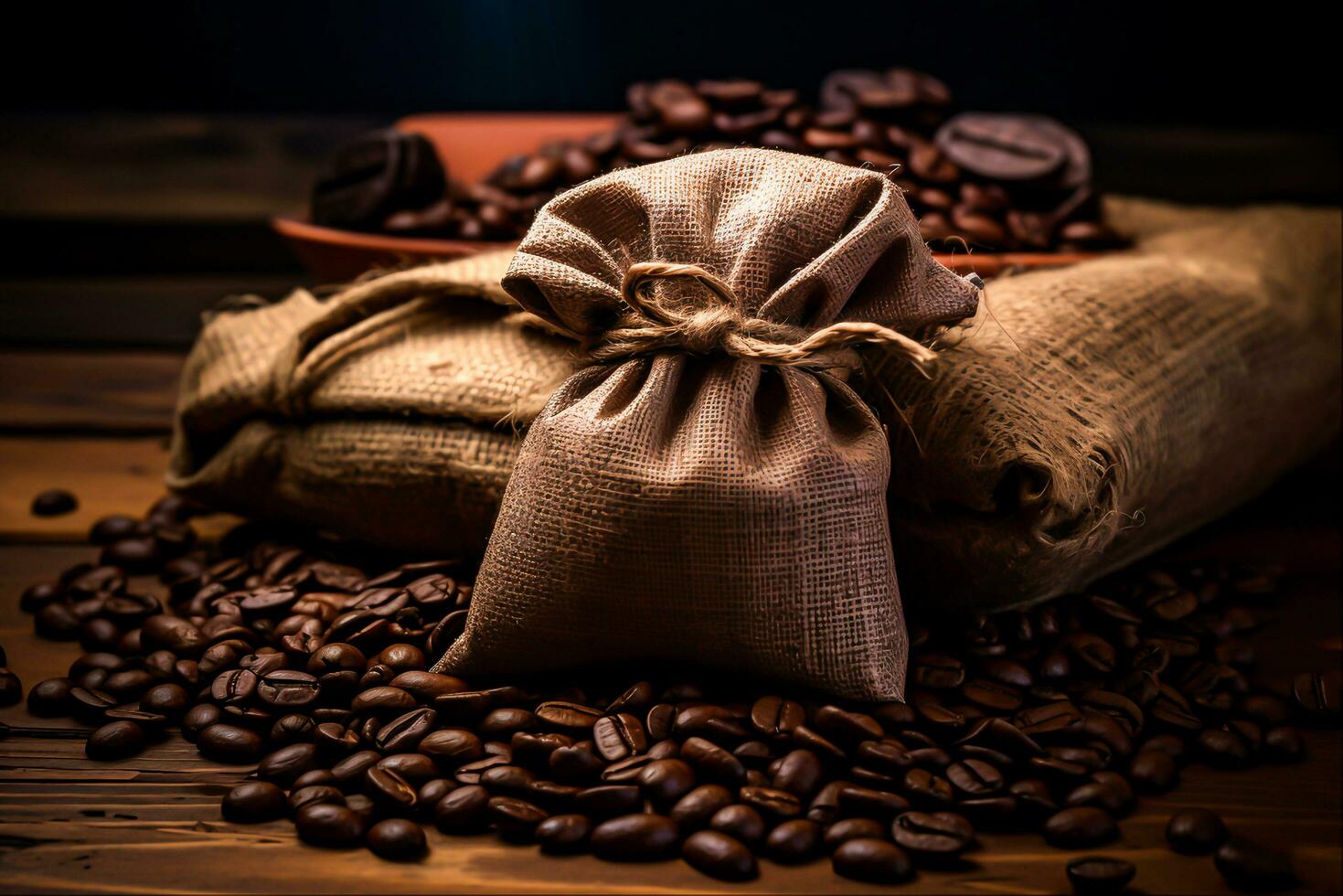 kaffe väska insvept i kaffe bönor, generativ ai foto