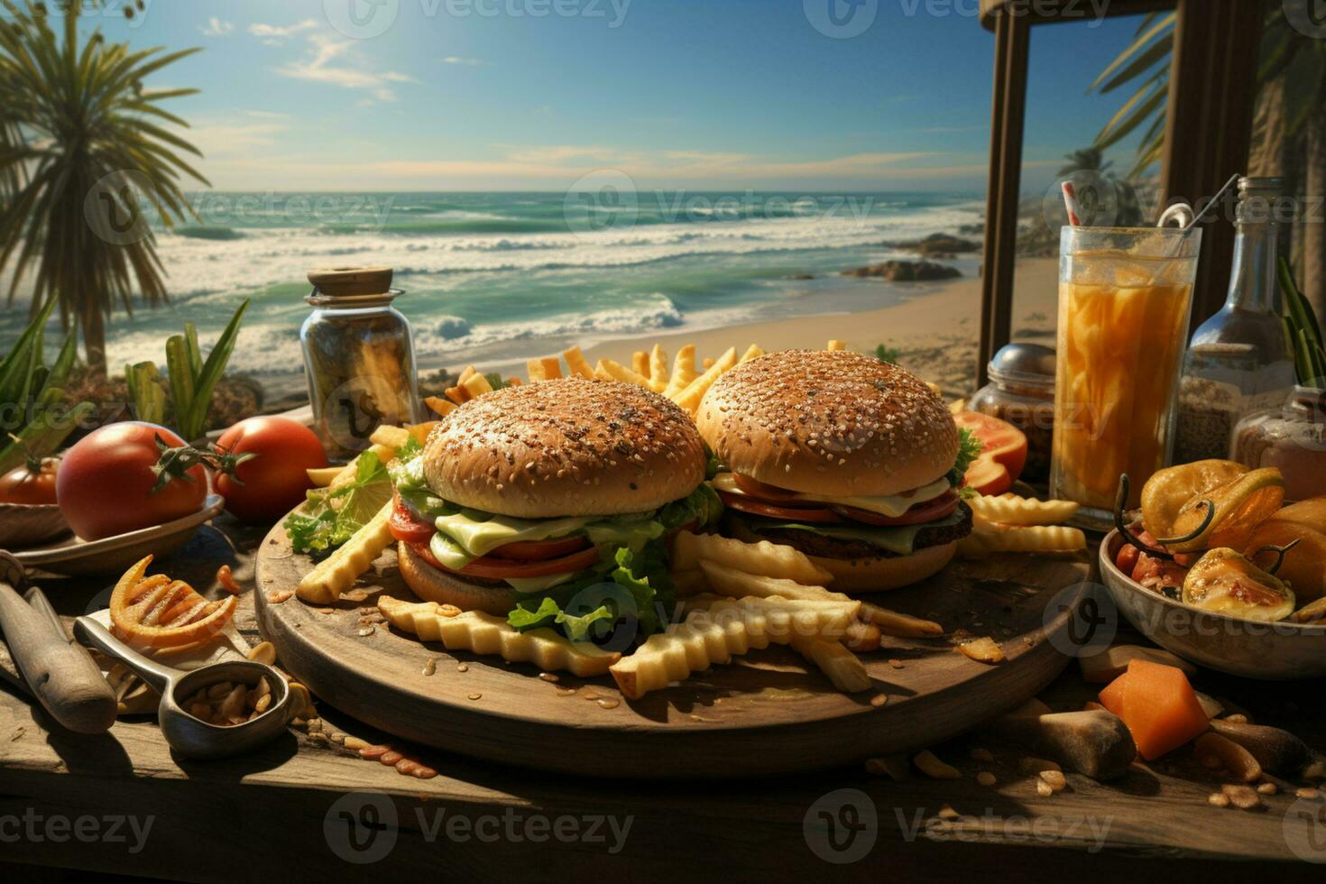 strandnära burger salighet, grönsaker och ost, perfekt för en kust utflykt ai genererad foto