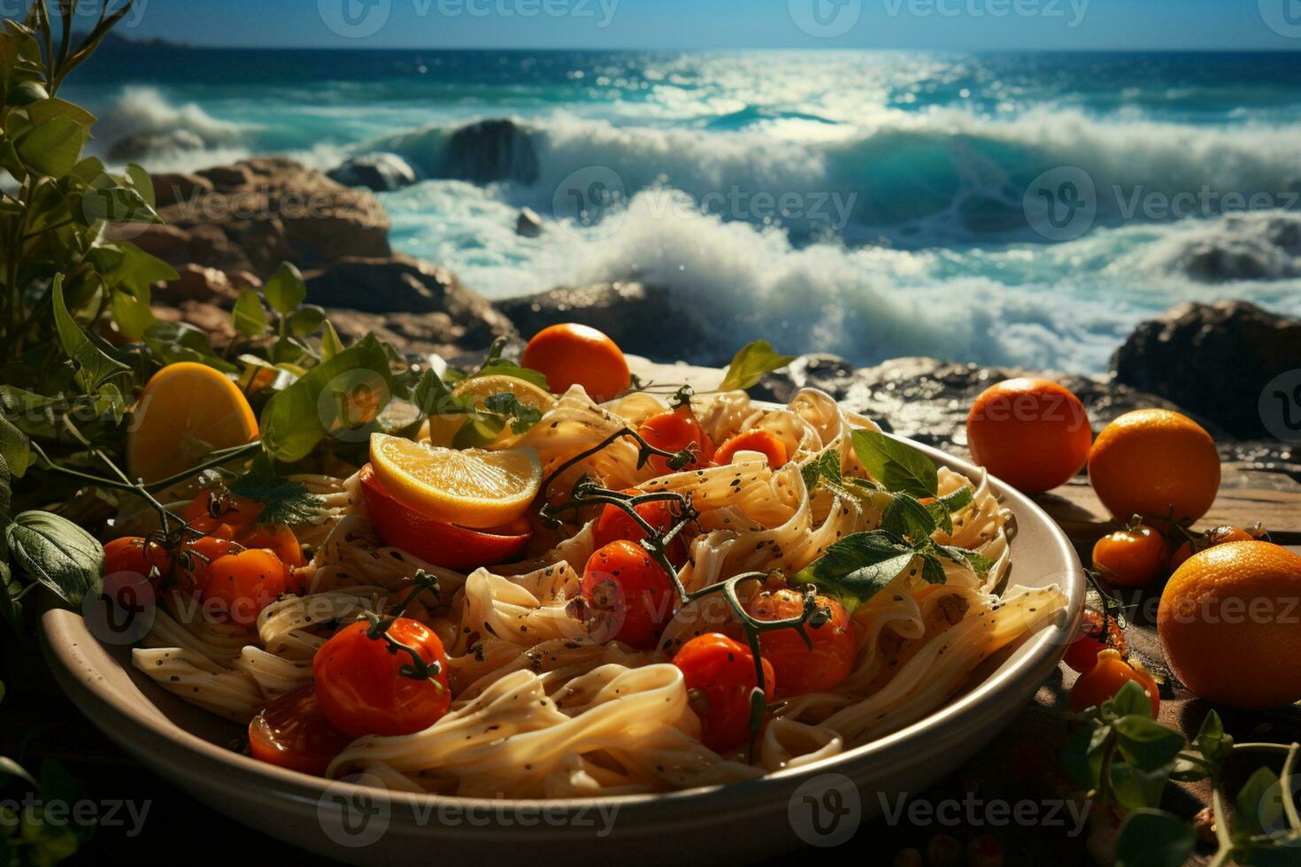 medelhavs vibrafon rå pasta, körsbär tomater, och paprika, havet lugn ai genererad foto