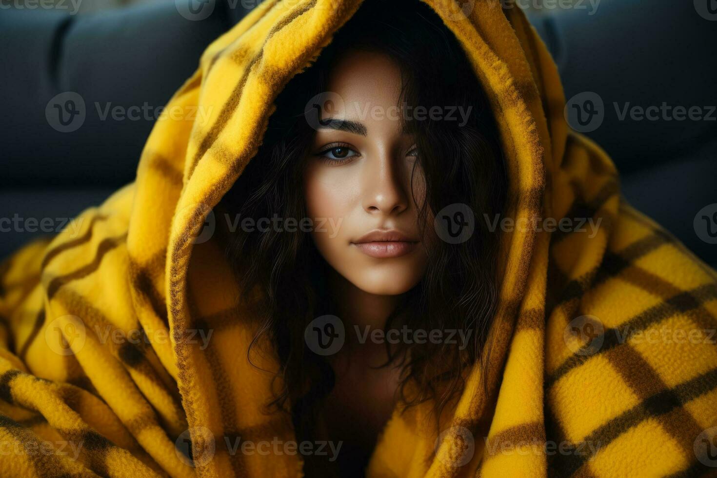 kvinna i mysigt pläd tillverkad från honung foto