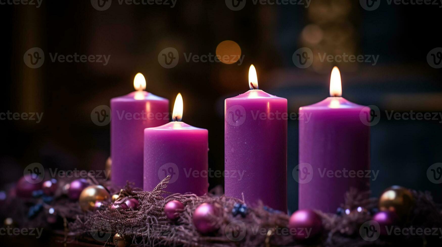 första advent ljus i kyrka - tre lila och ett rosa som en katolik symbol, generativ ai foto