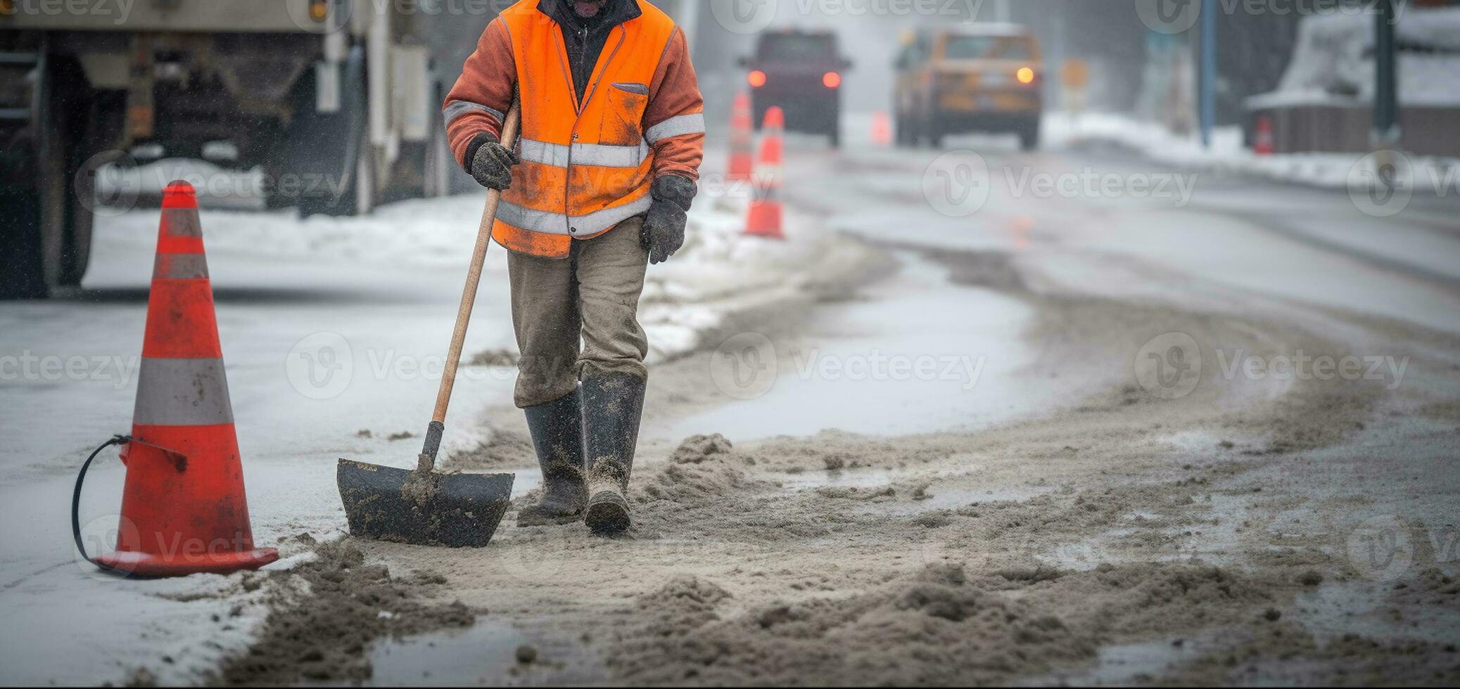 väg arbetstagare i vinter- med jackhammer. generativ ai foto