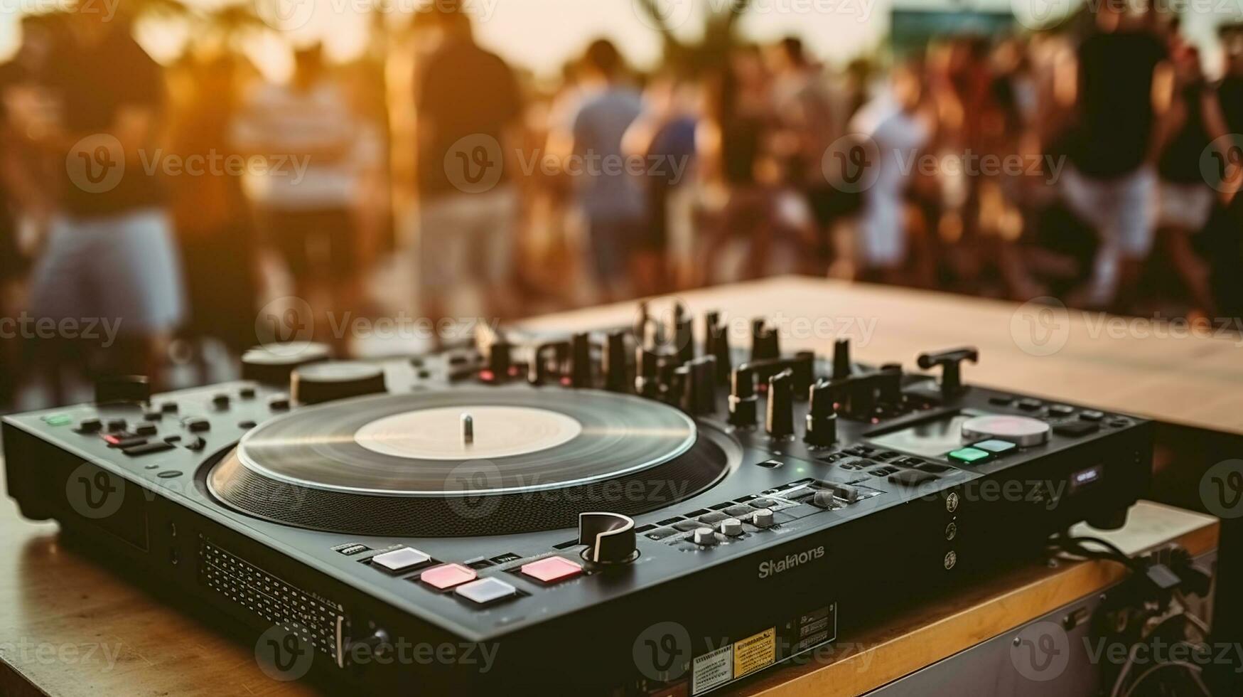 modern dj mixer placerad på tabell på skede nära folkmassan av människor, musik festival. generativ ai foto