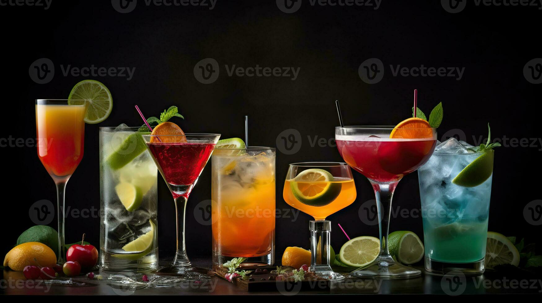 fånga en läckra och utsökt närbild fotografera av cocktails sortiment eras på mörk bakgrund, generativ ai foto