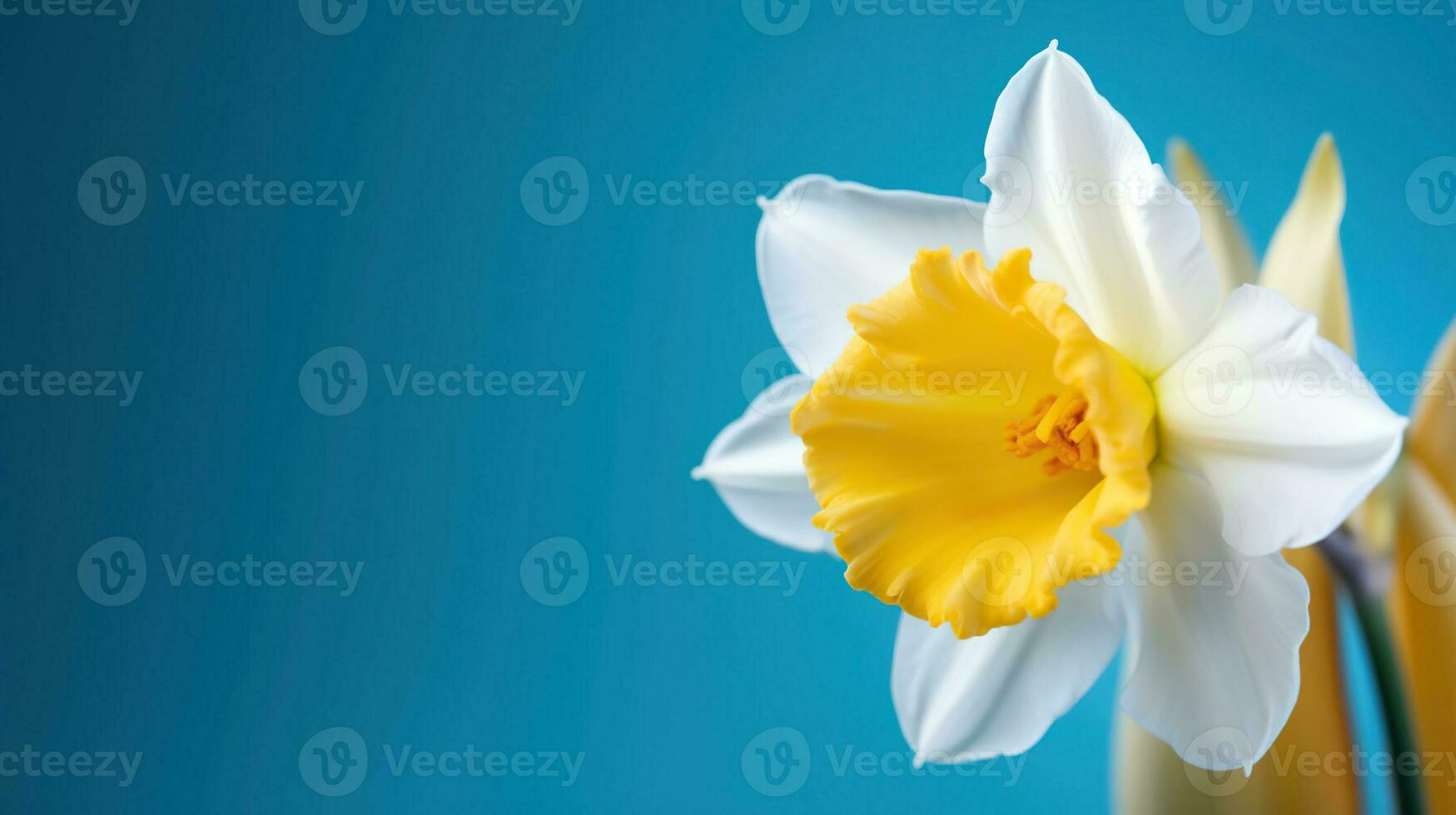 gul vit påsklilja, narciss, jonquil blomma stänga upp på ljus blå bakgrund med kopia Plats för text. generativ ai foto