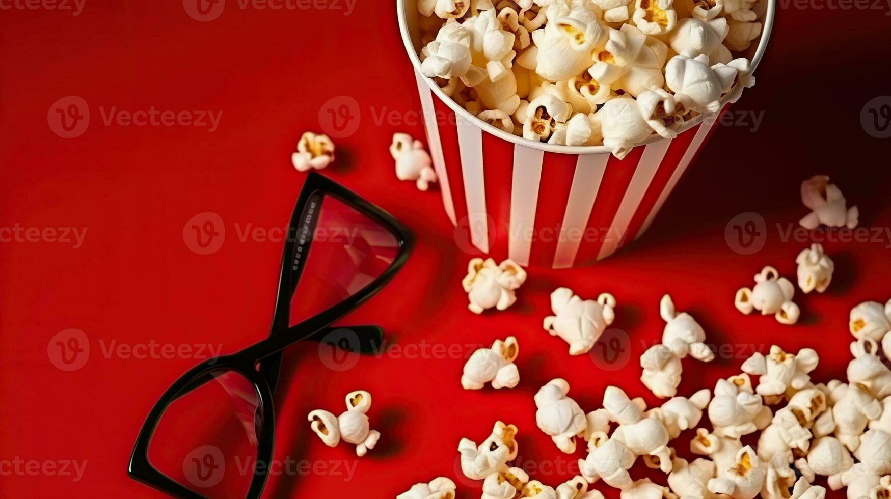 lampor, kamera, handling, en vibrerande röd bakgrund för en roligt film natt begrepp med popcorn och glasögon. generativ ai foto