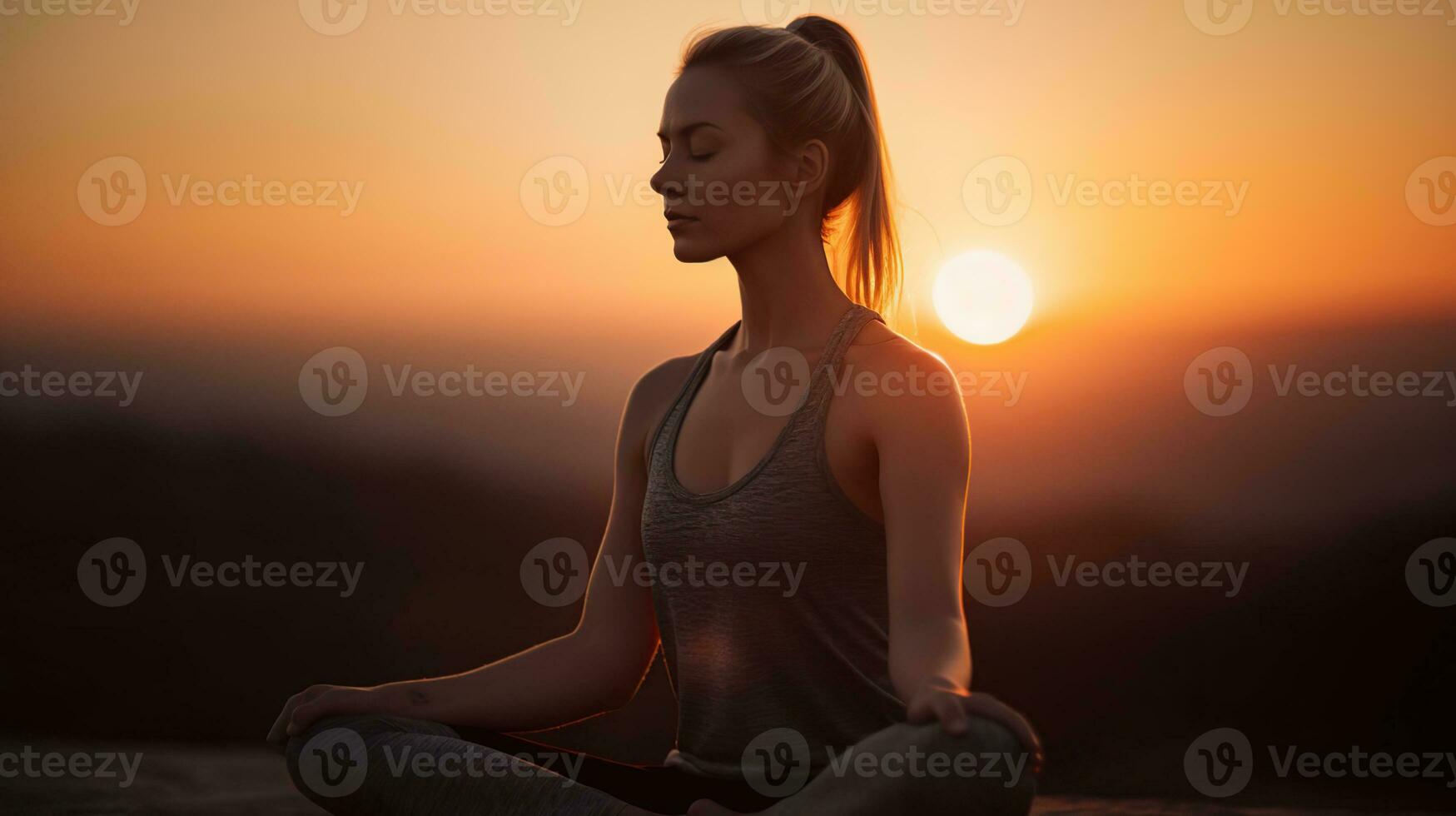 yoga på solnedgång - kvinna i meditation - fokus på förgrund och suddig bakgrund, generativ ai foto