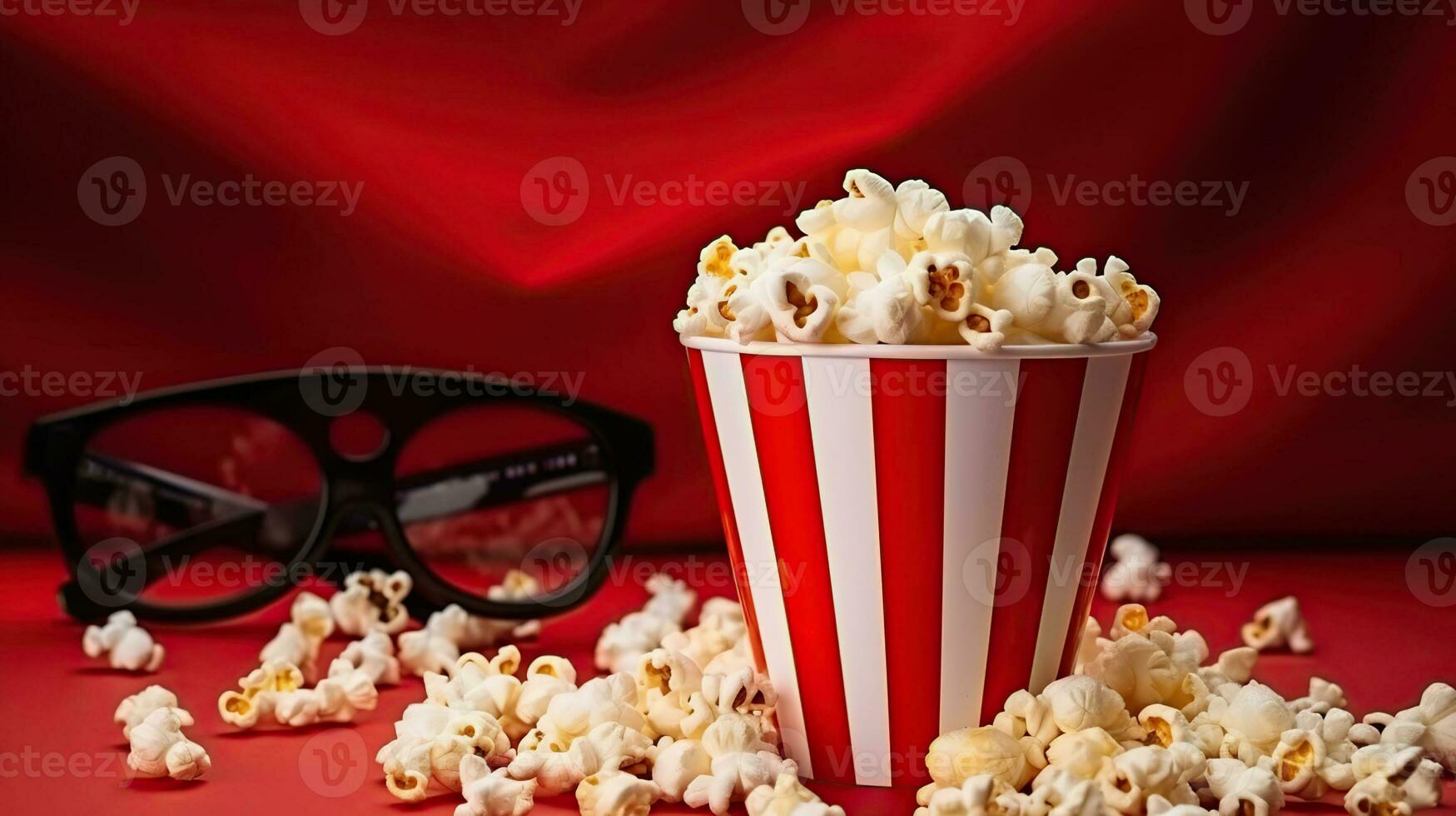 film natt begrepp - popcorn, glasögon, ljus röd bakgrund, topp se, generativ ai foto
