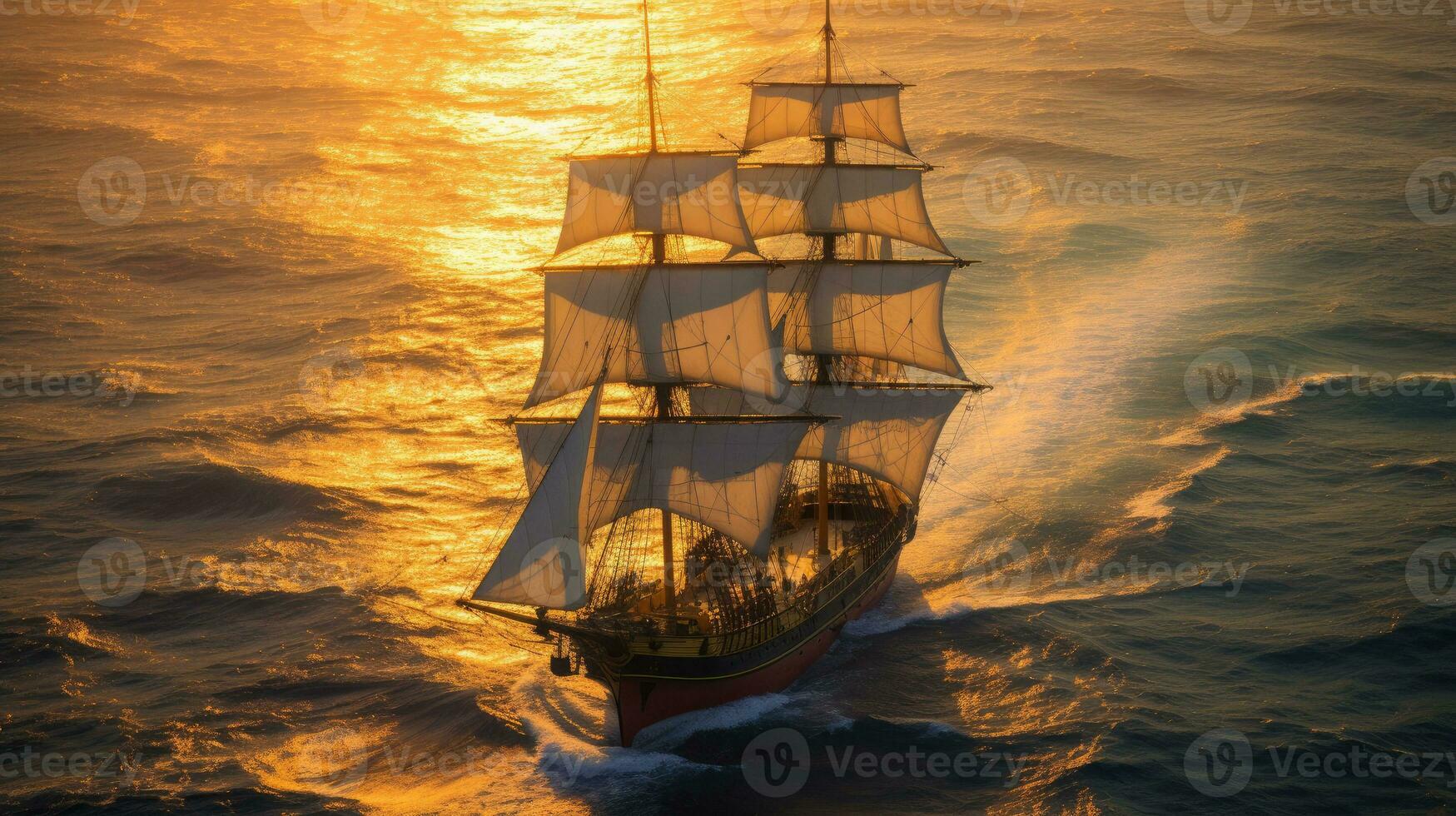 bark fartyg i de hav på solnedgång. generativ ai foto