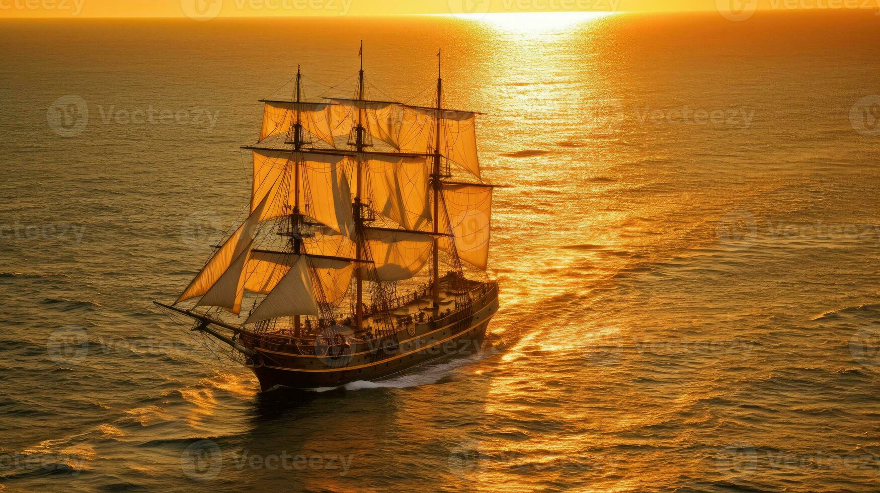 bark fartyg i de hav på solnedgång. generativ ai foto