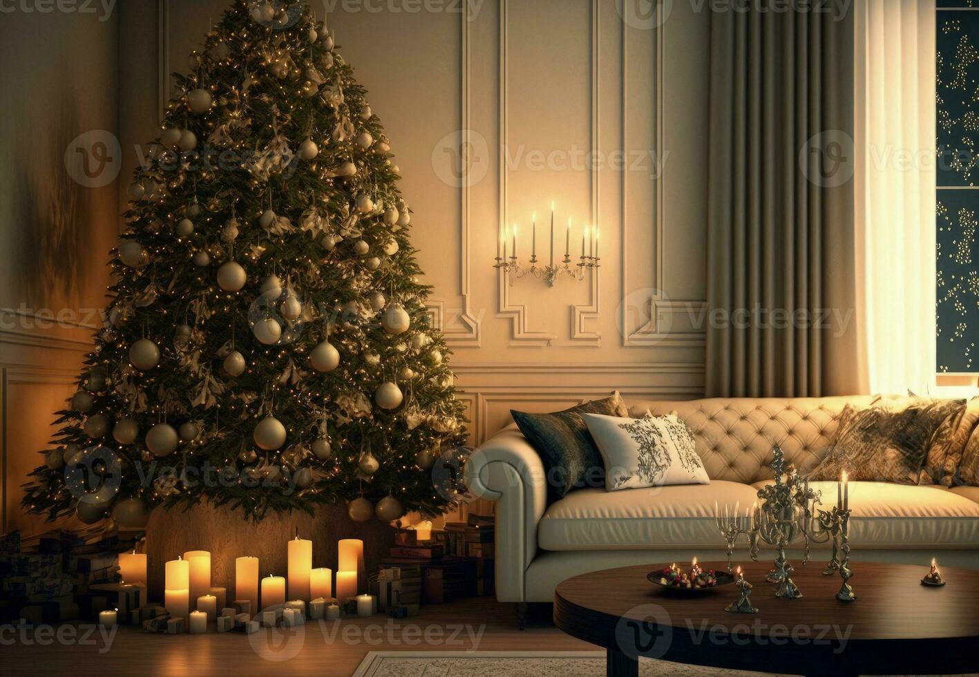 skön jul träd dekoration, modern jul levande rum interiör design, ljus rei.. foto