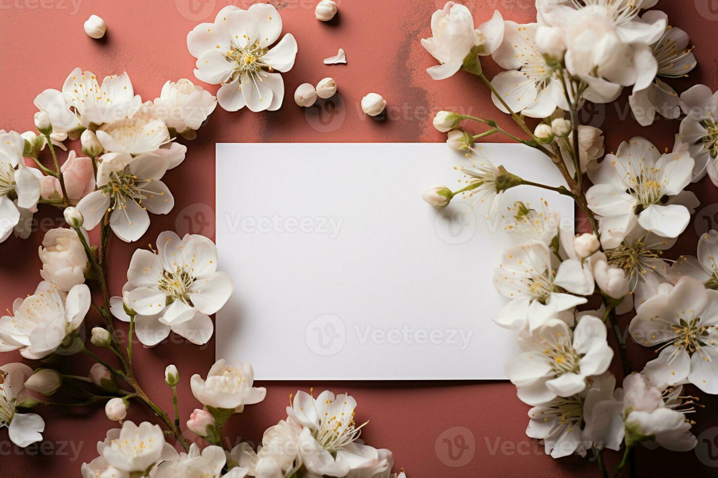 bröllop mockup, blommor, gypsophila, vit papper lista, platt lägga ai genererad foto