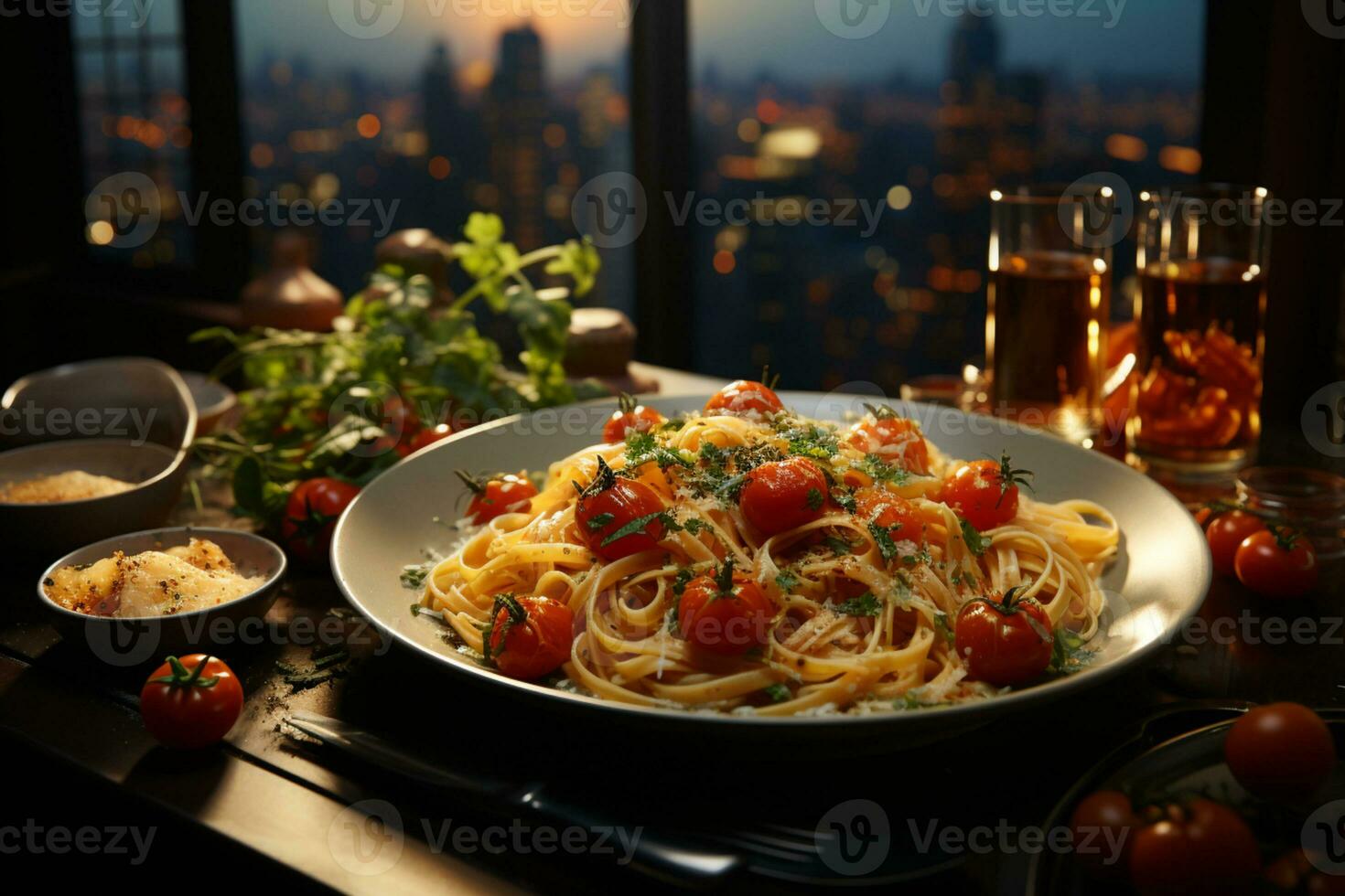 upphöjd dining erfarenhet, rå pasta, körsbär tomater, och paprika, stad chic ai genererad foto